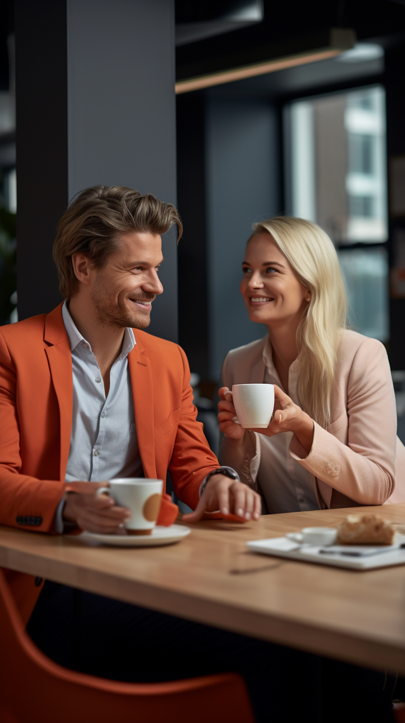 Blonde lady boss and man smiling over coffee