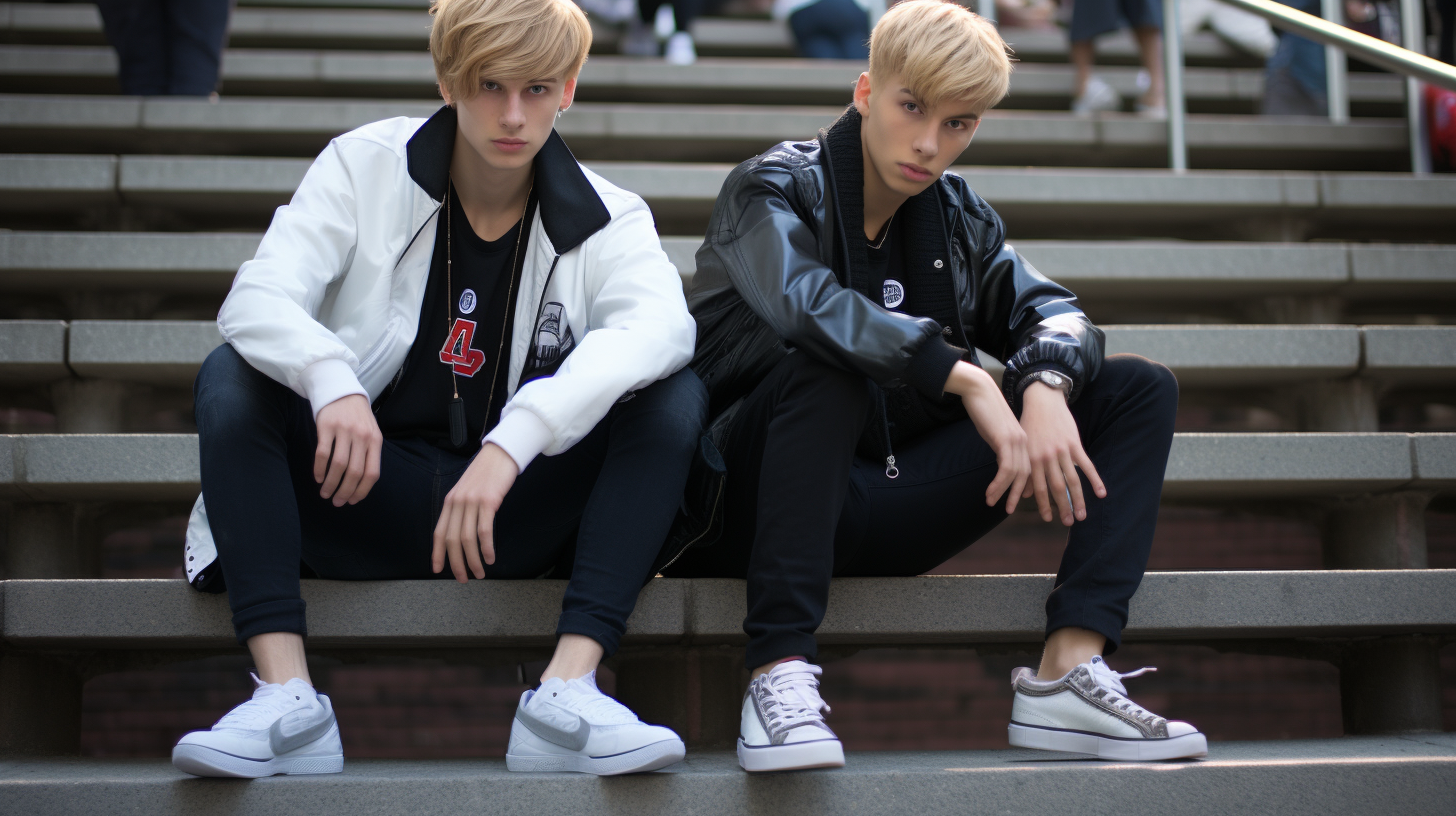 Two blond high school students sitting on stairs