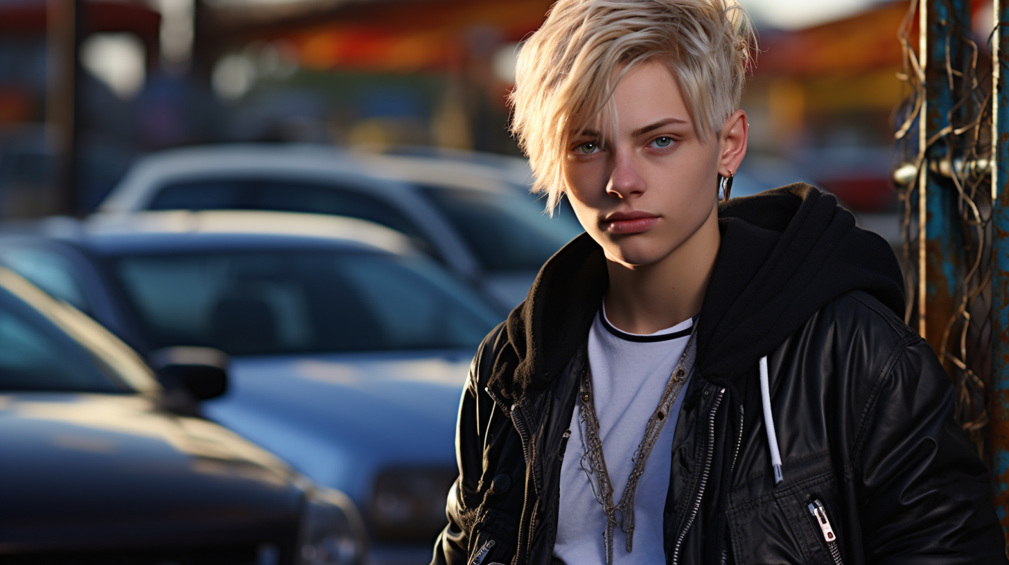 Blond student with black sports car