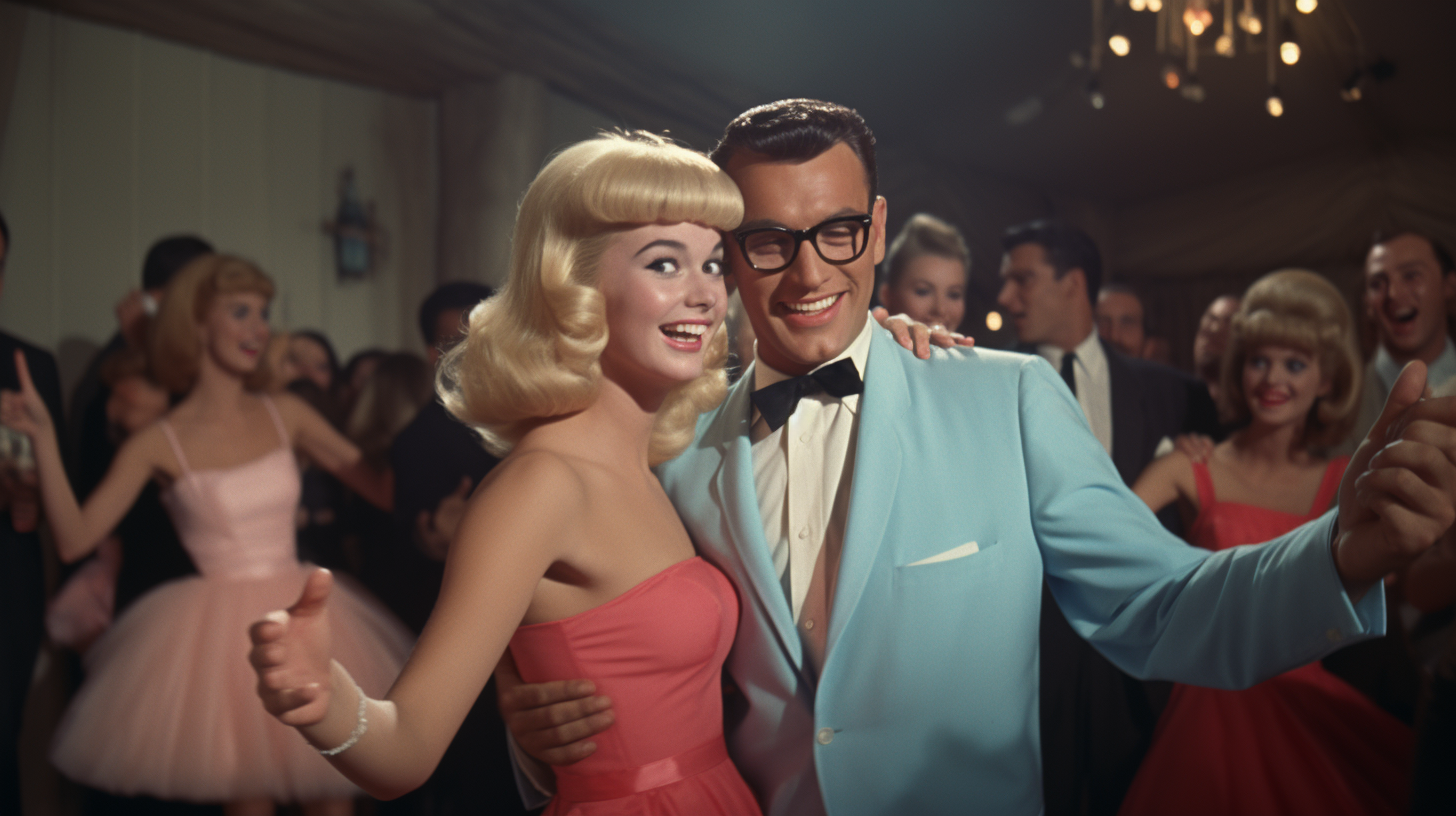 Blond Peggy Sue and Buddy Holly dancing at 1960 party