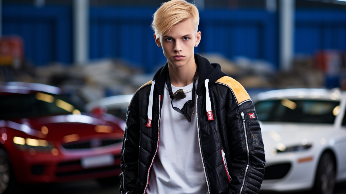 Young student with edgy style and black sports car