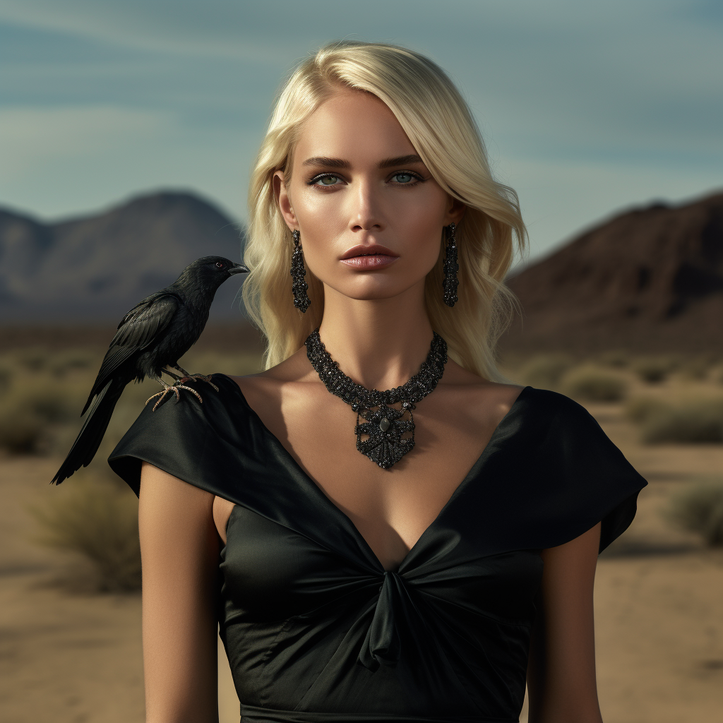 Blond woman with green eyes in raven dress