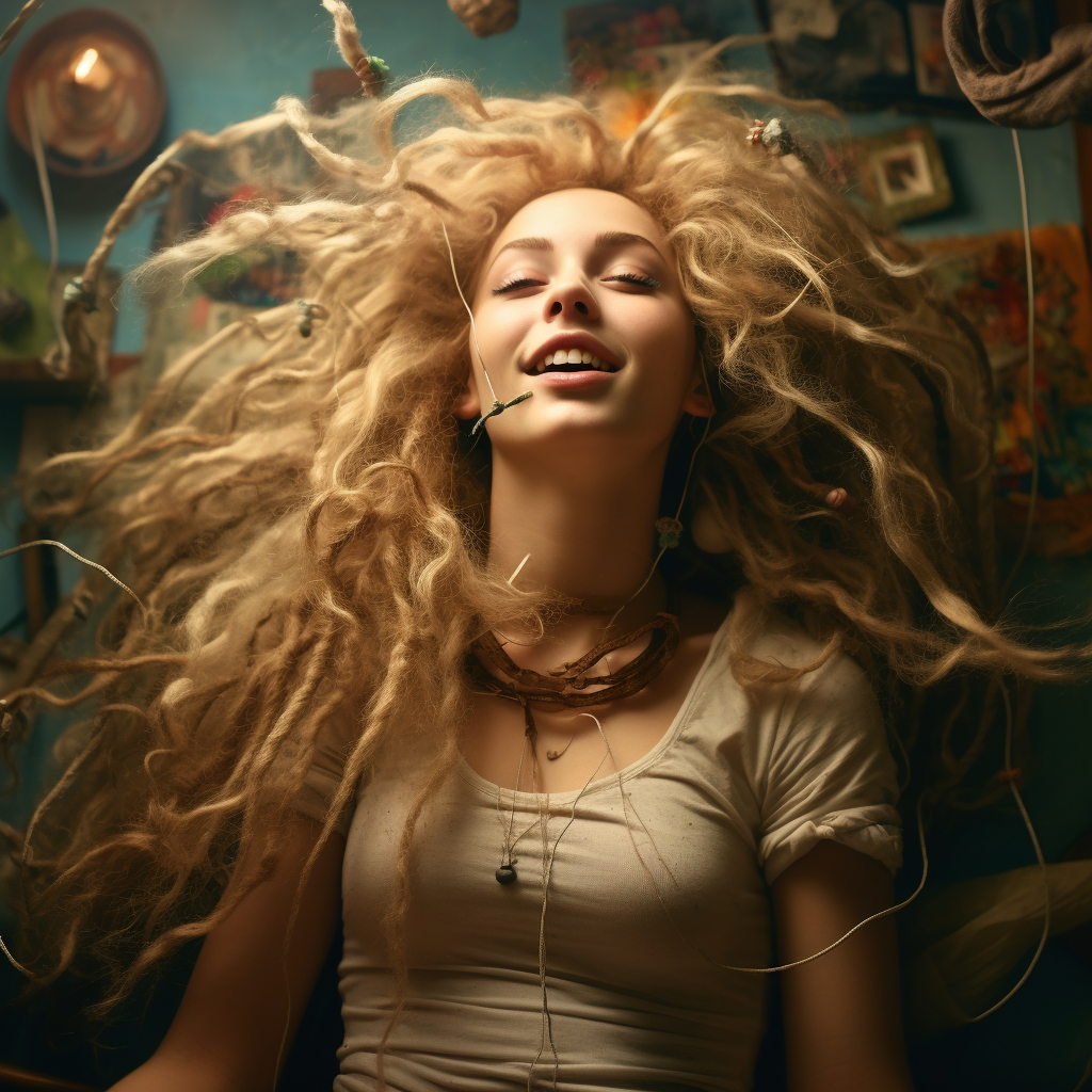 Young woman with blond curly hair and dreadlocks dreaming