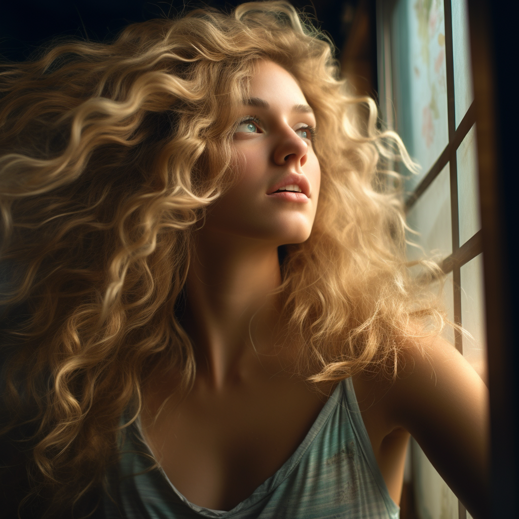 Blond curly-haired woman dreaming with closed eyes