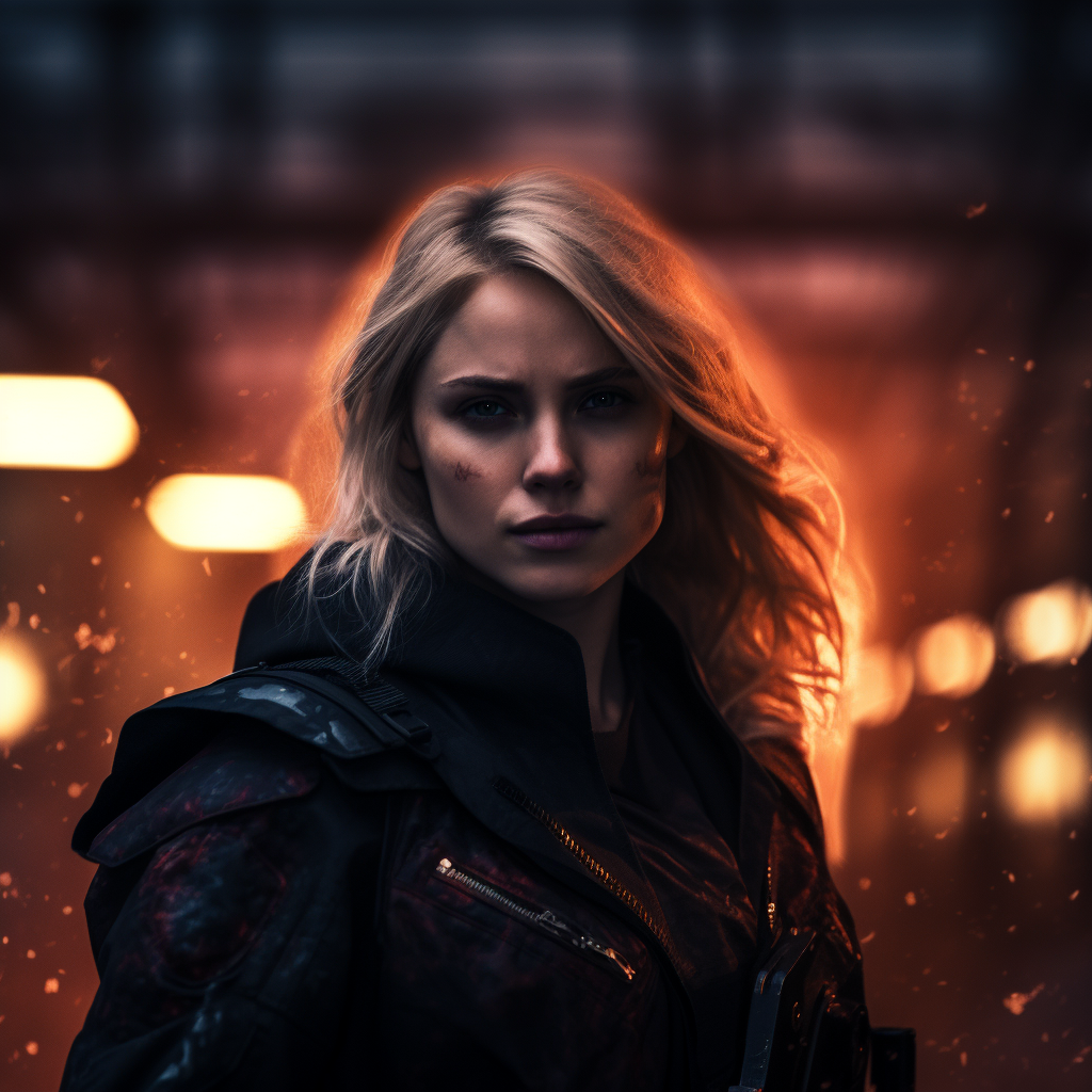 Blond female in dark red city