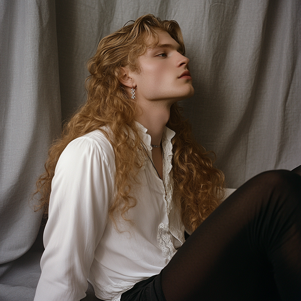 Blonde man with earrings sitting