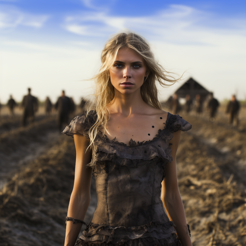 Blond model in silky dress on war-torn runway