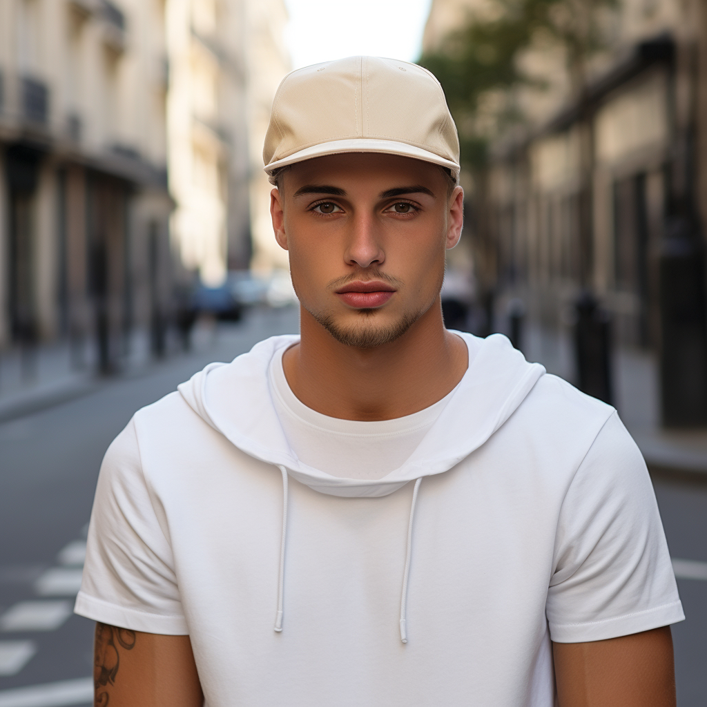 Young man with blond hair smiling in a cityscape