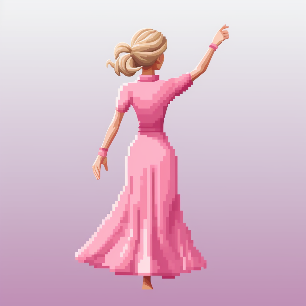 Blond teacher in pink dress pointing at the sky