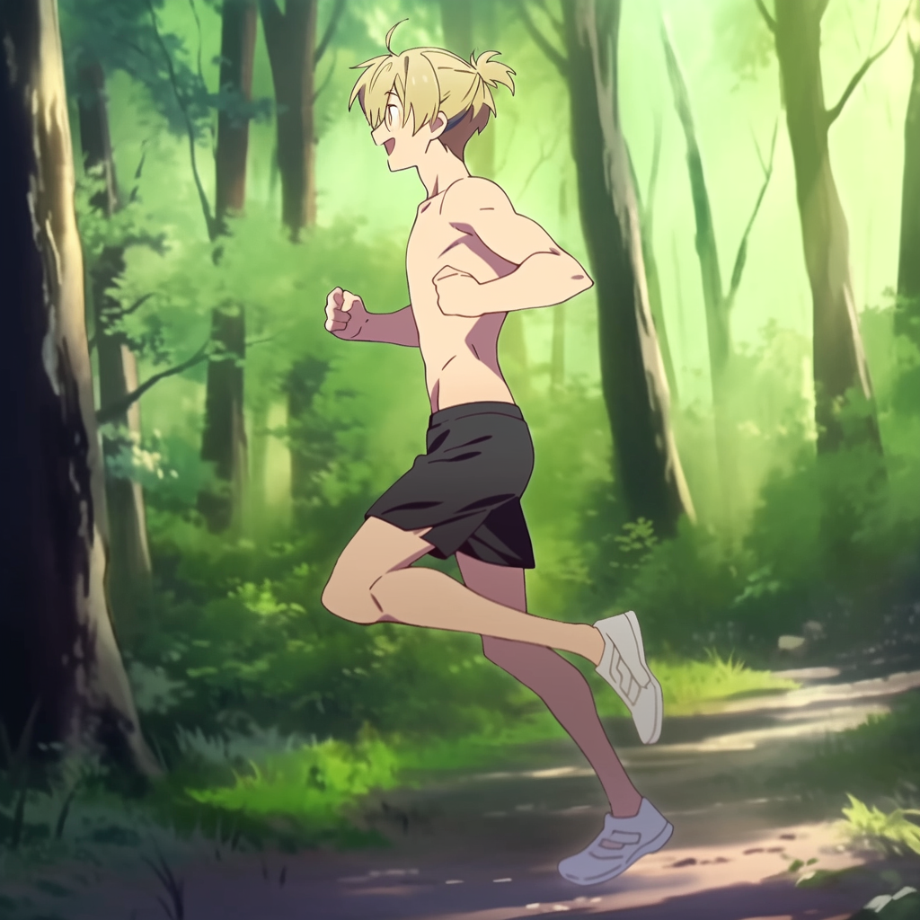 Smiling blonde anime man running in forest