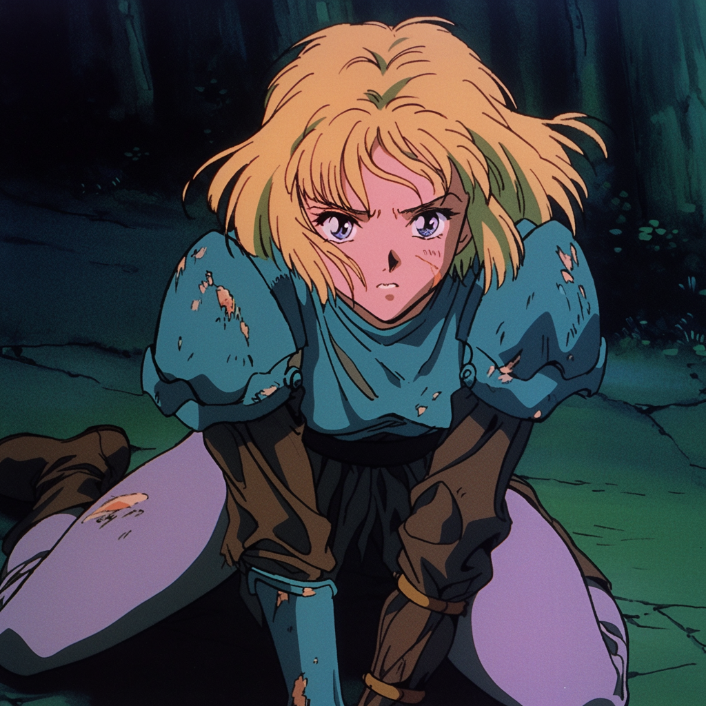 Blonde anime Joan of Arc in battle armor