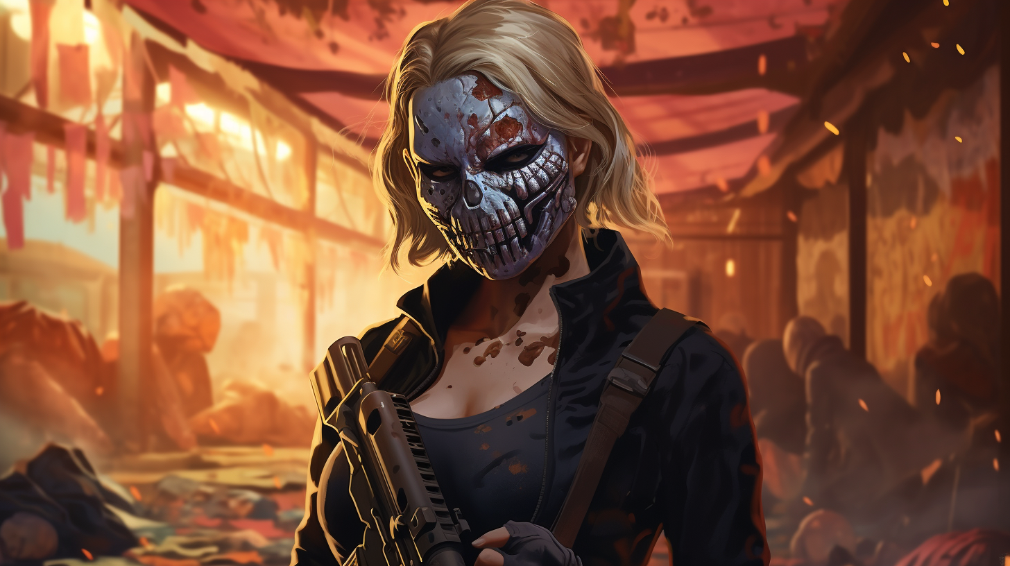 Attractive blonde survivor with rifle and glitter mask