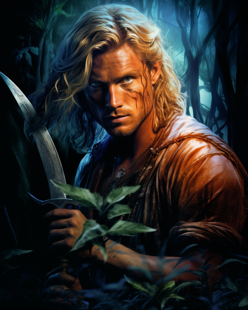 Aryan man in jungle holding weapon