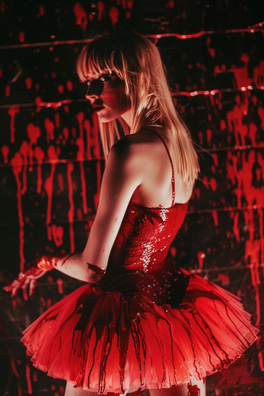 Blonde ballerina covered in red paint