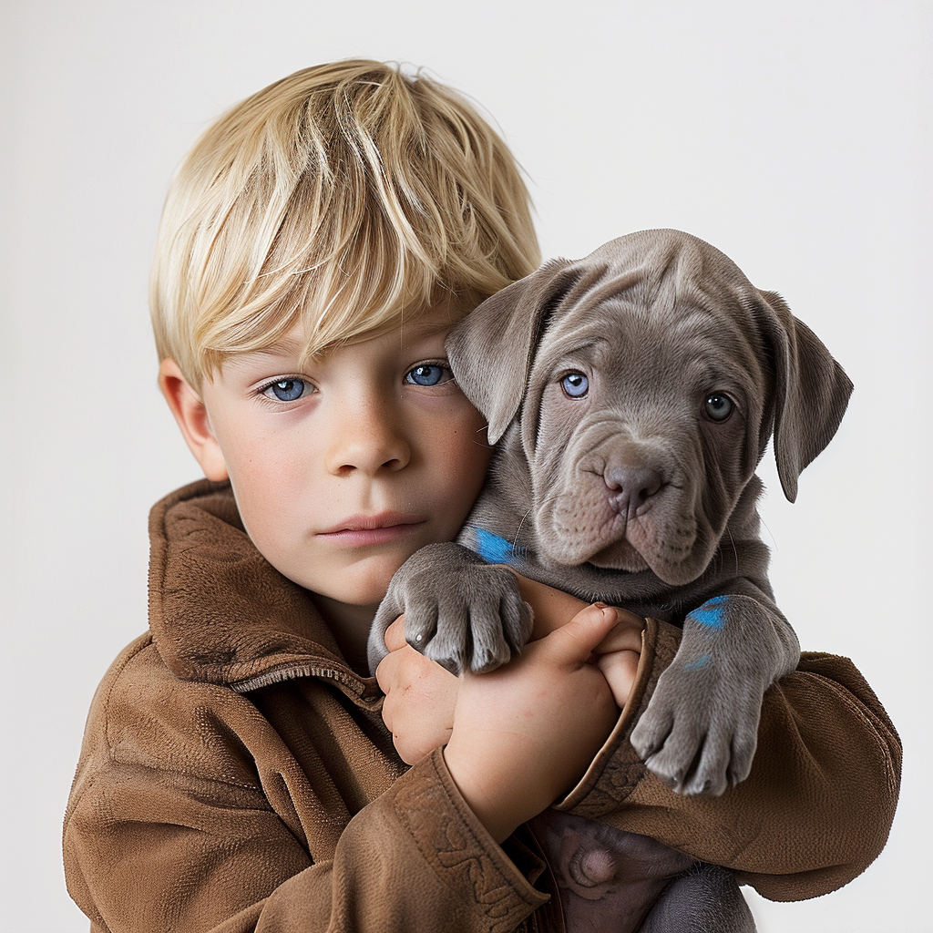 Blonde boy with Cane Corso puppy