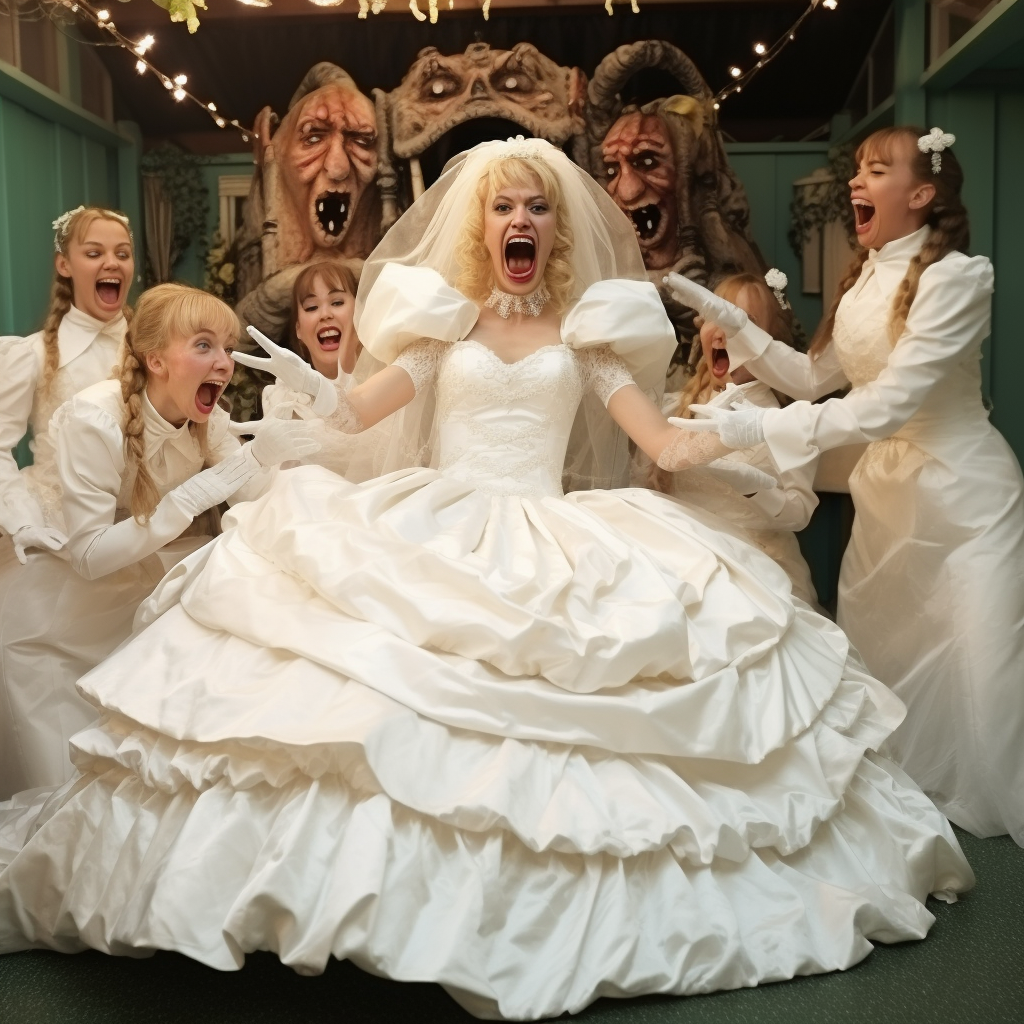 Surprised blonde bride in wedding dress