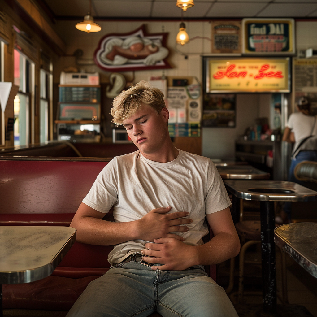 Blonde college boy eating in diner