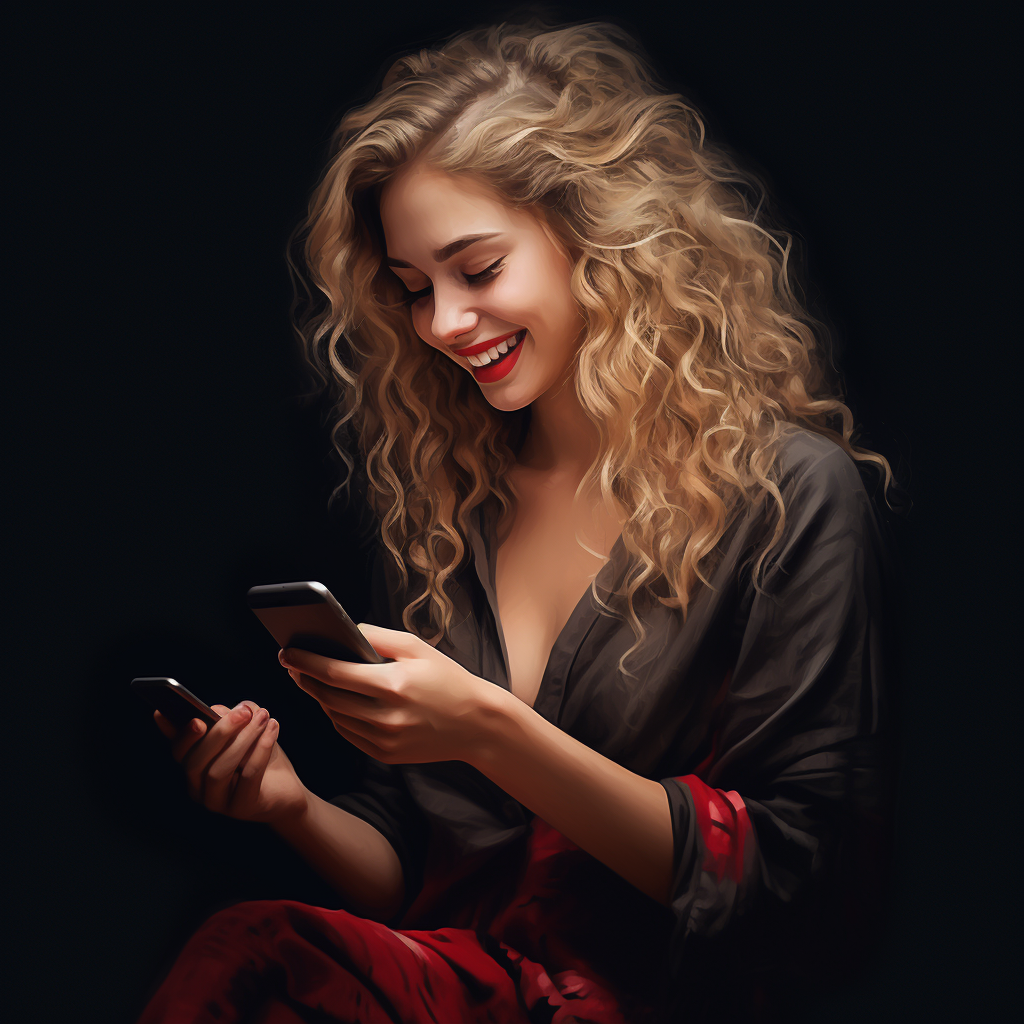 Woman with Blonde Curly Hair Typing with a Smile