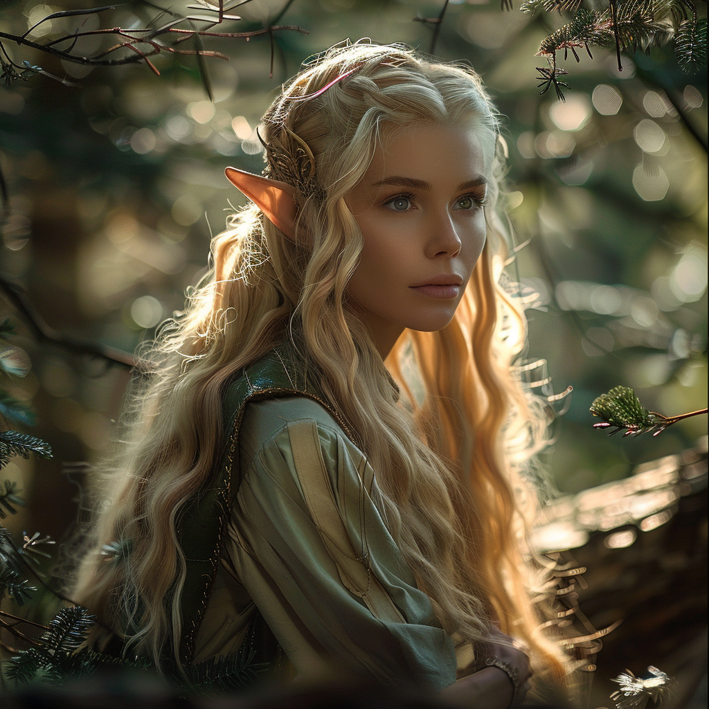 Blonde Elf Woman in Dark Pine Forest