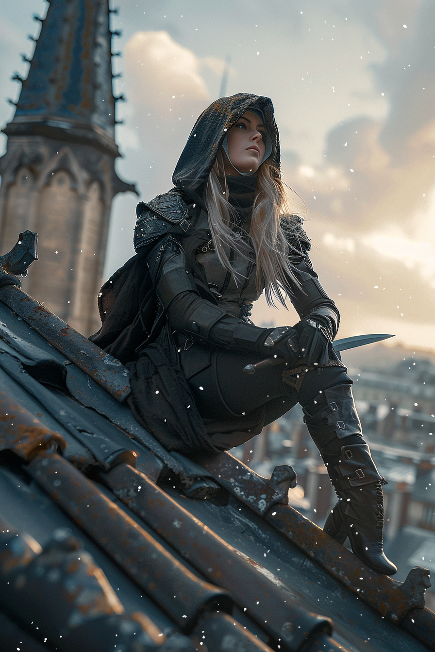 Blonde female assassin on gargoyle