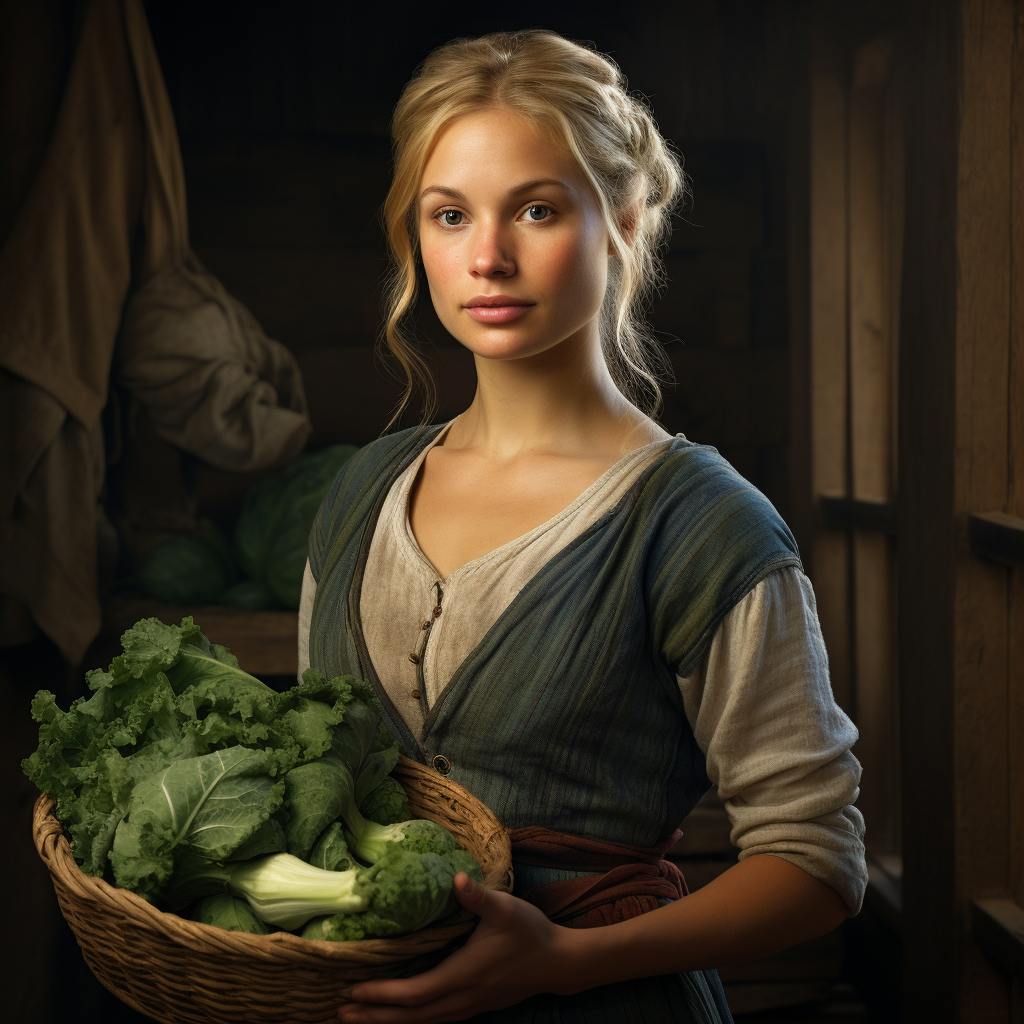 Blonde female farm worker with farm produce