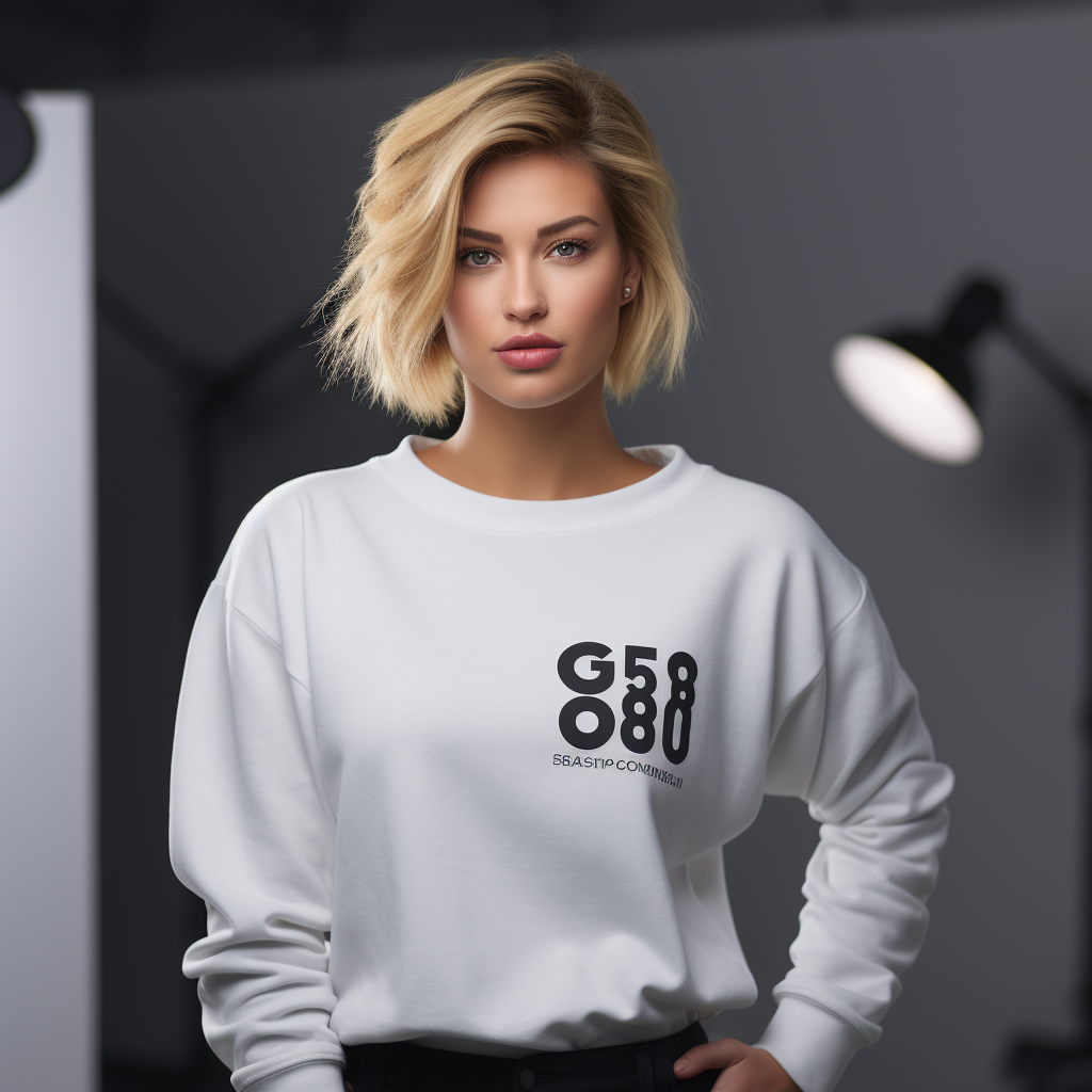 Blonde female model in white sweatshirt