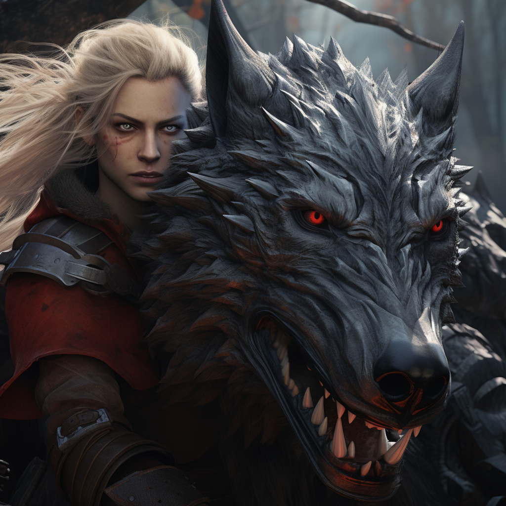 Blonde Female Riding Black Warg in Epic Fantasy Scene