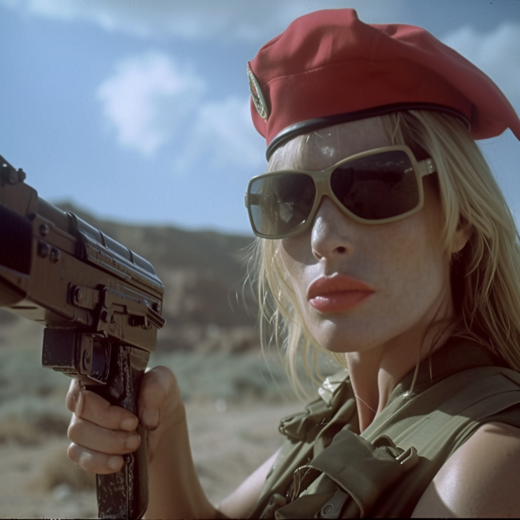 Blonde female soldier with red beret and aviator sunglasses