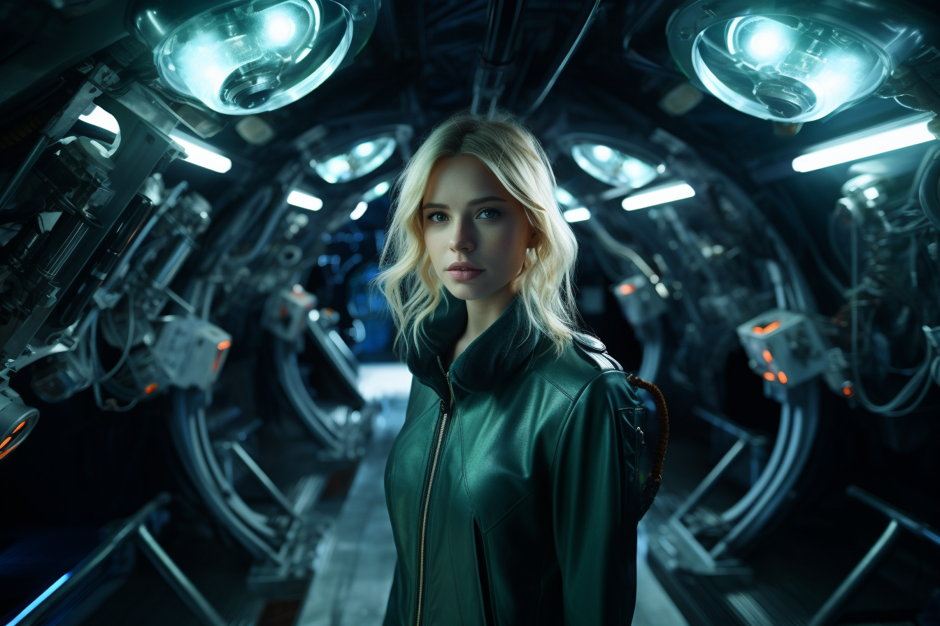 Blonde Female Space Explorer in Modern Submarine