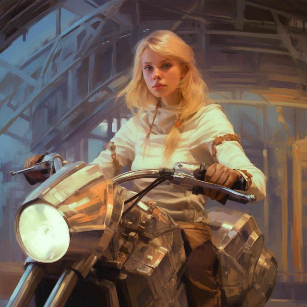 Beautiful blonde on a futuristic motorcycle painting