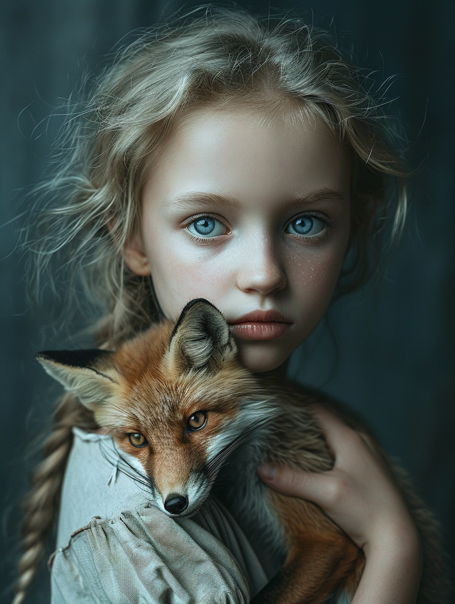 Blonde girl with blue eyes holding a small fox