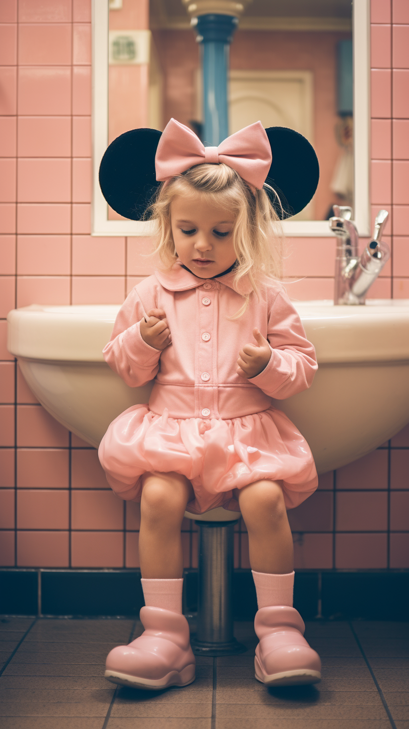 4-year-old blonde girl washing hands at Disneyland Park