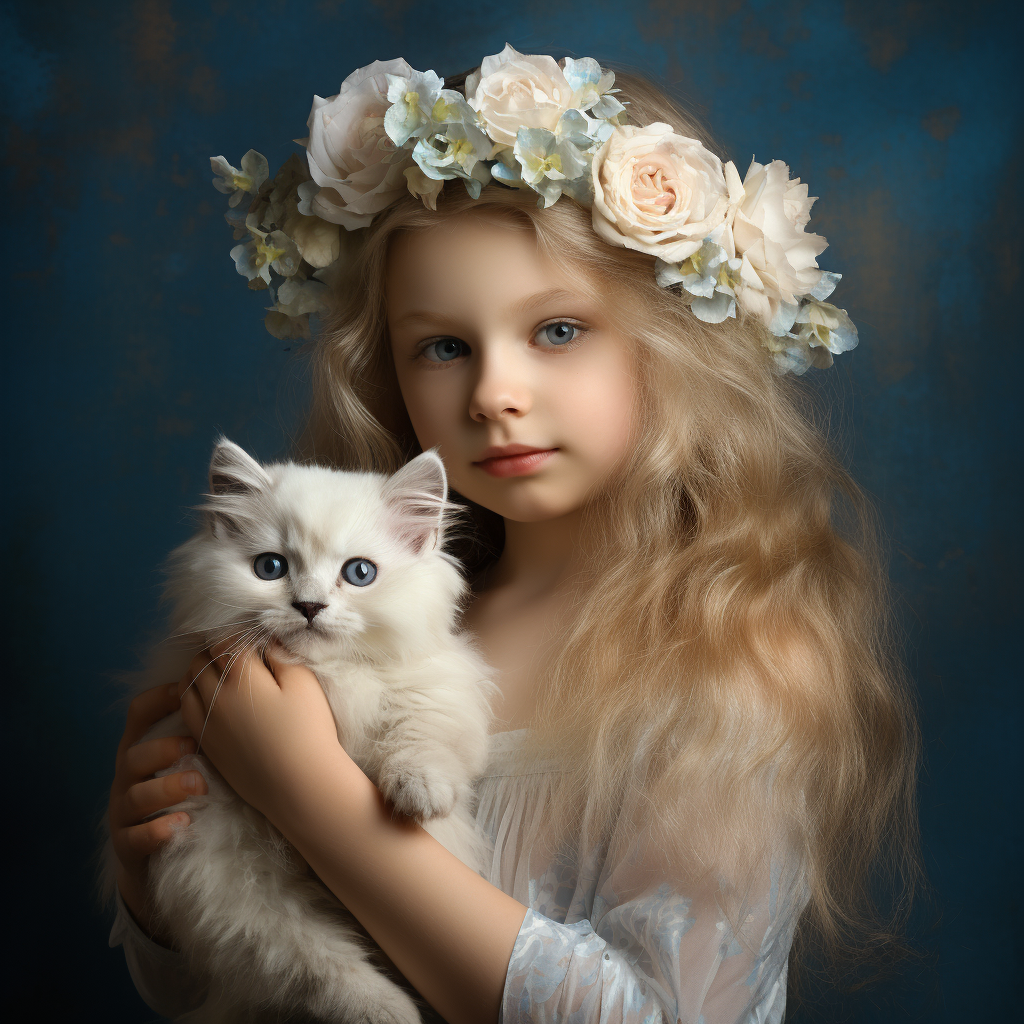 Little girl holding white Persian kitten