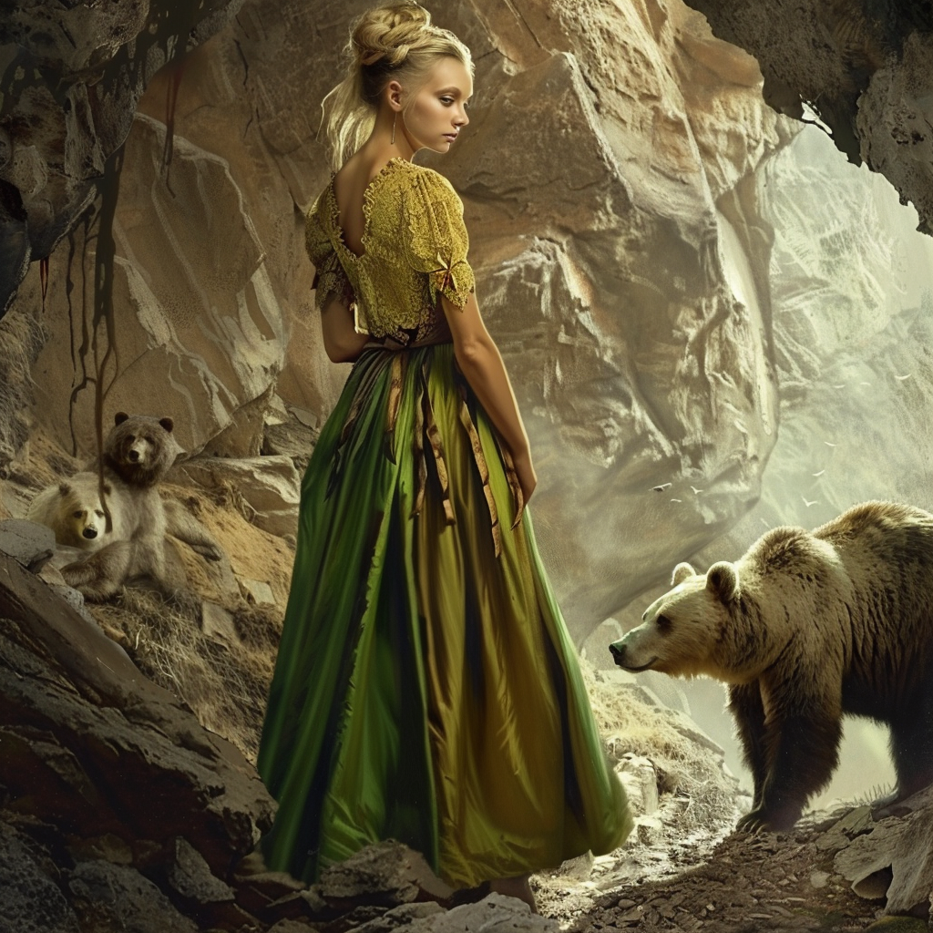 Blonde girl with bear in cave