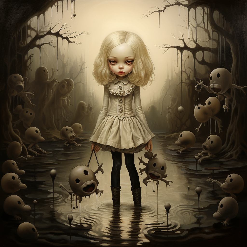 Blonde girl in Mark Ryden style, melancholy and grunge