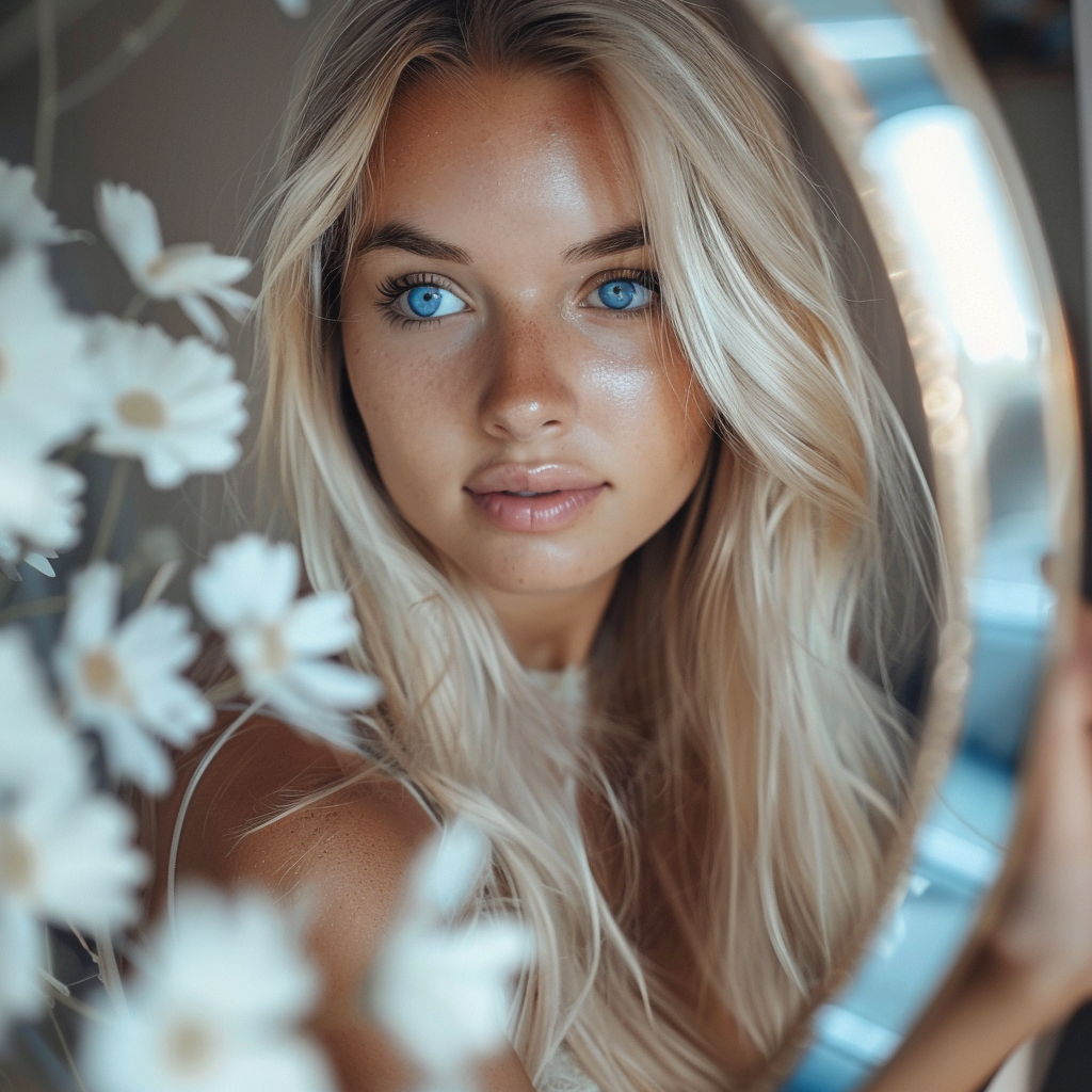 Blonde girl doing makeup mirror