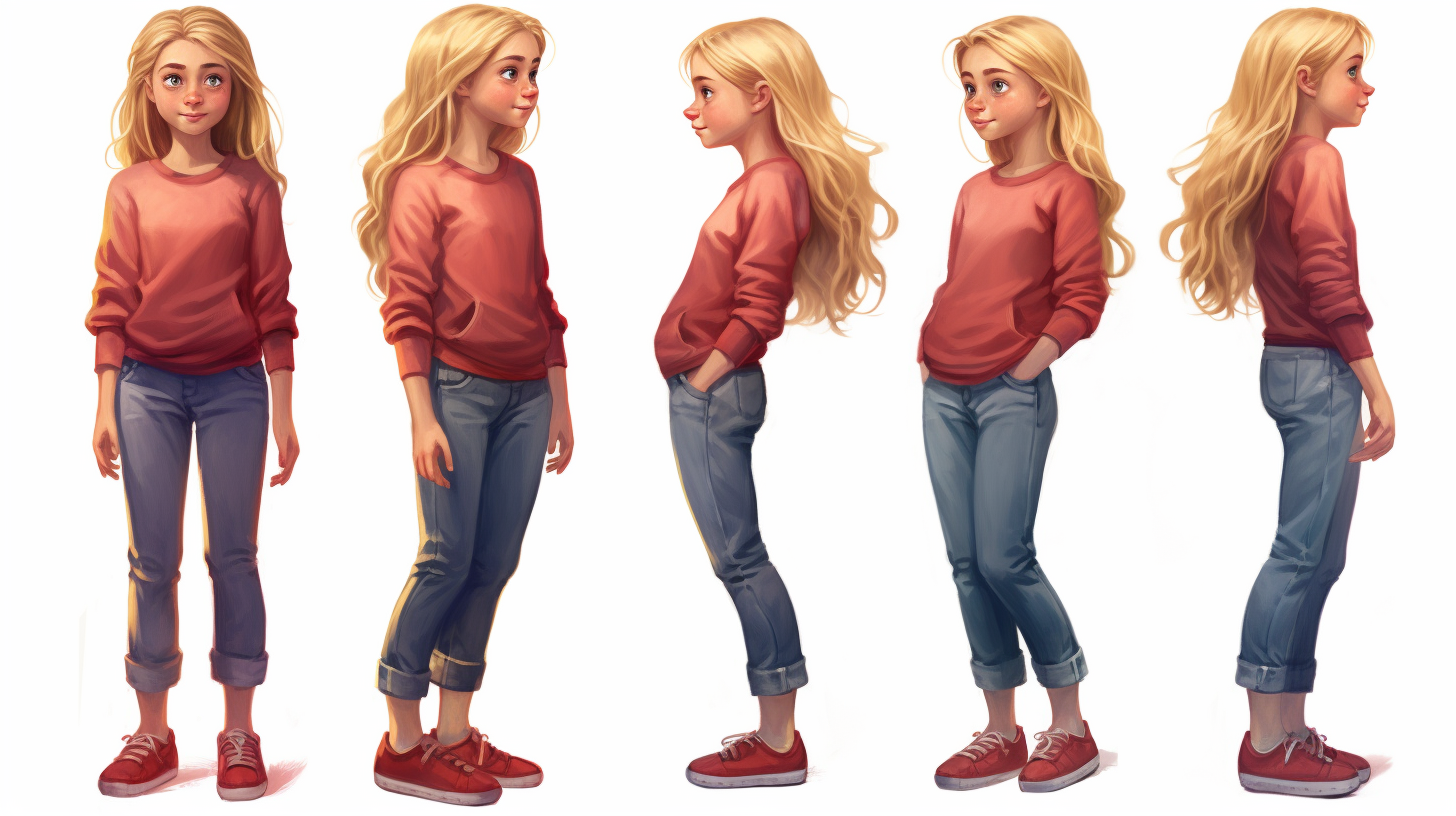 Ten-year-old Blonde Girl in Red Pullover and Blue Jeans