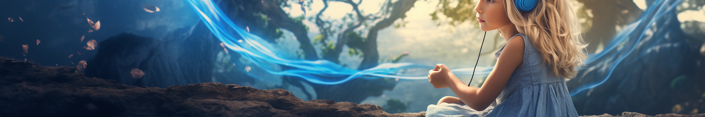 Blonde girl in blue dress listening to music under a tree