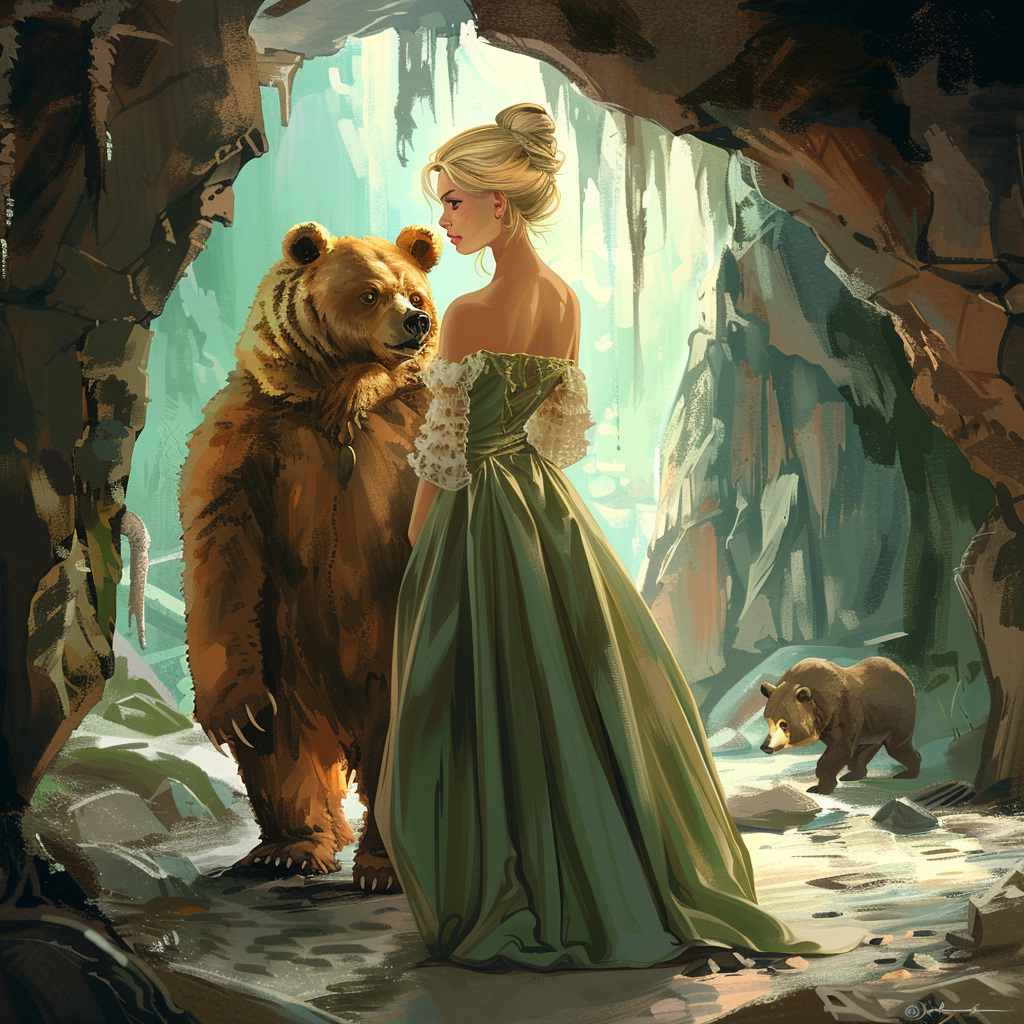 Blonde girl with bear in cave