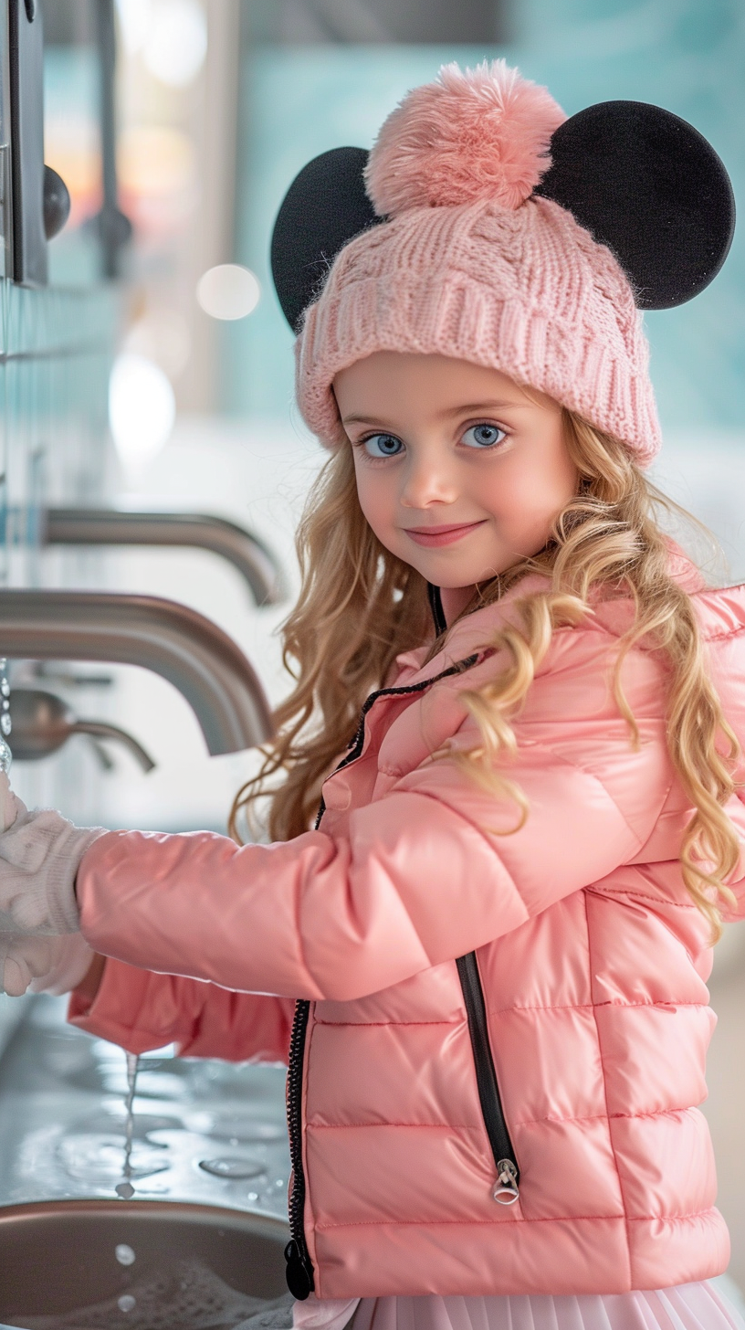 Blonde girl washing hands at Disneyland