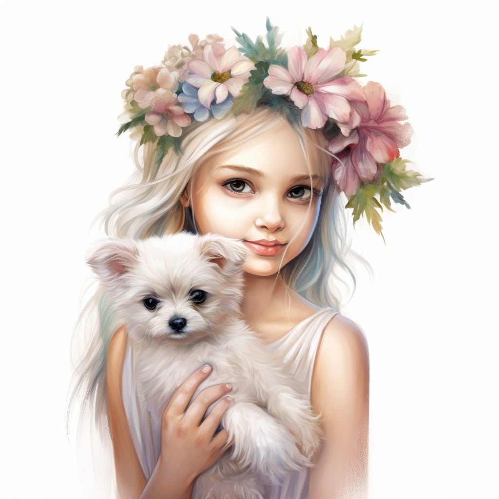 Little girl with flower crown and white puppy