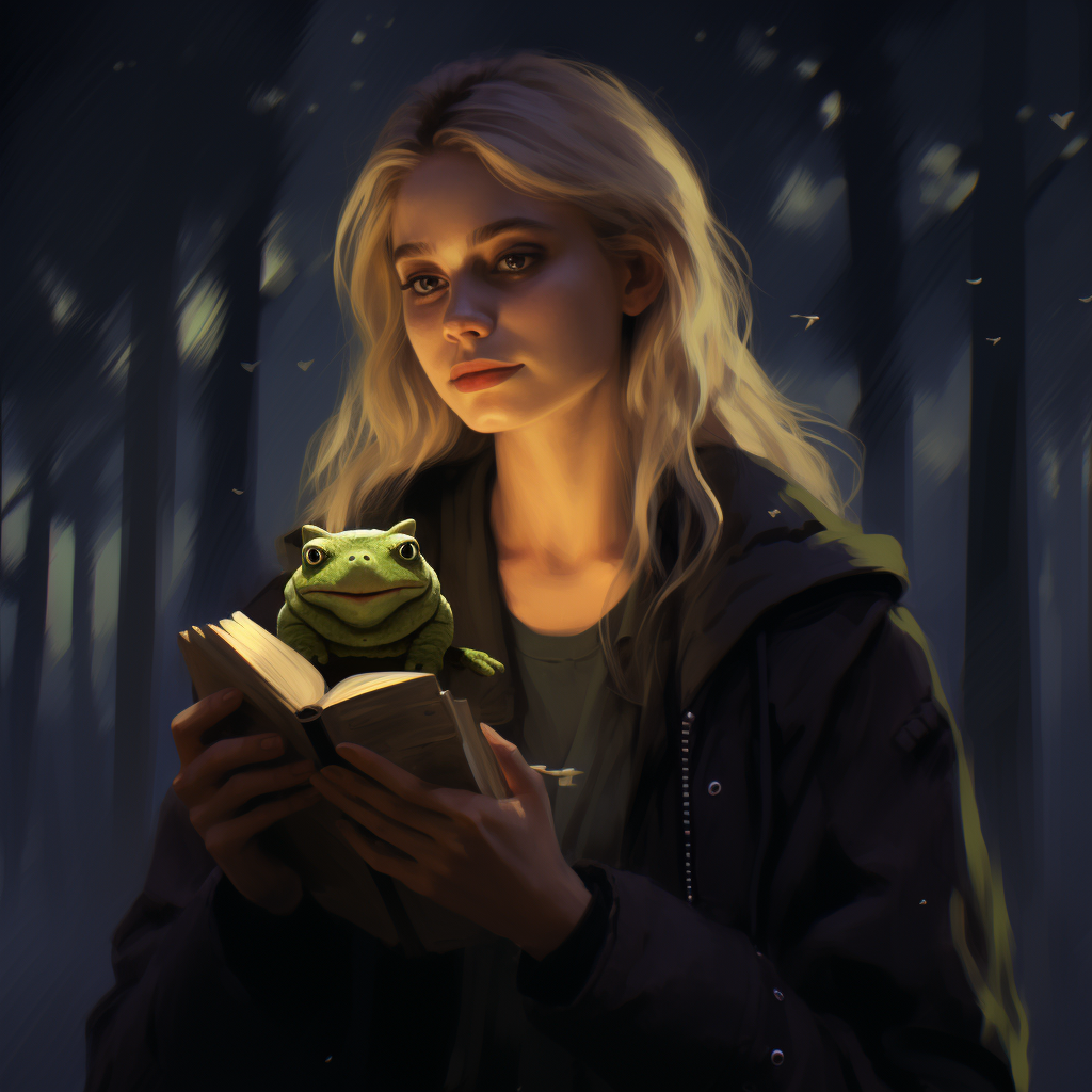 Blonde girl holding a frog and a book in a rainy forest