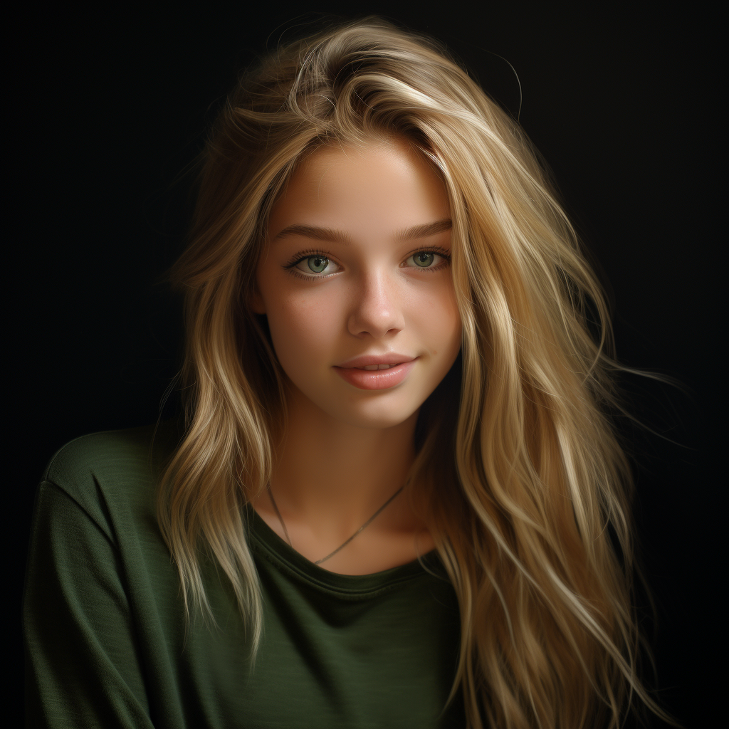 portrait of 13 year old blonde girl with green eyes