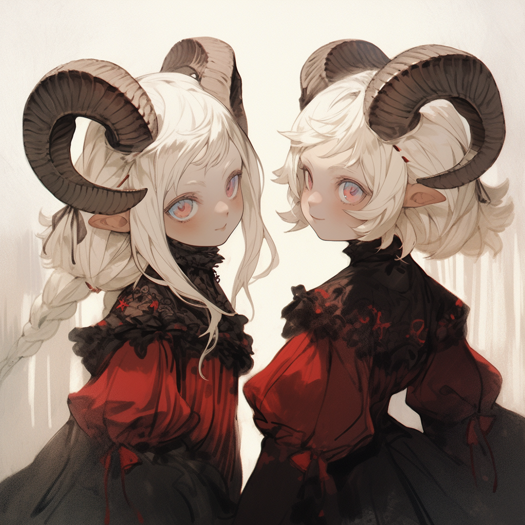 Blonde girls twins dresses horns red eyes