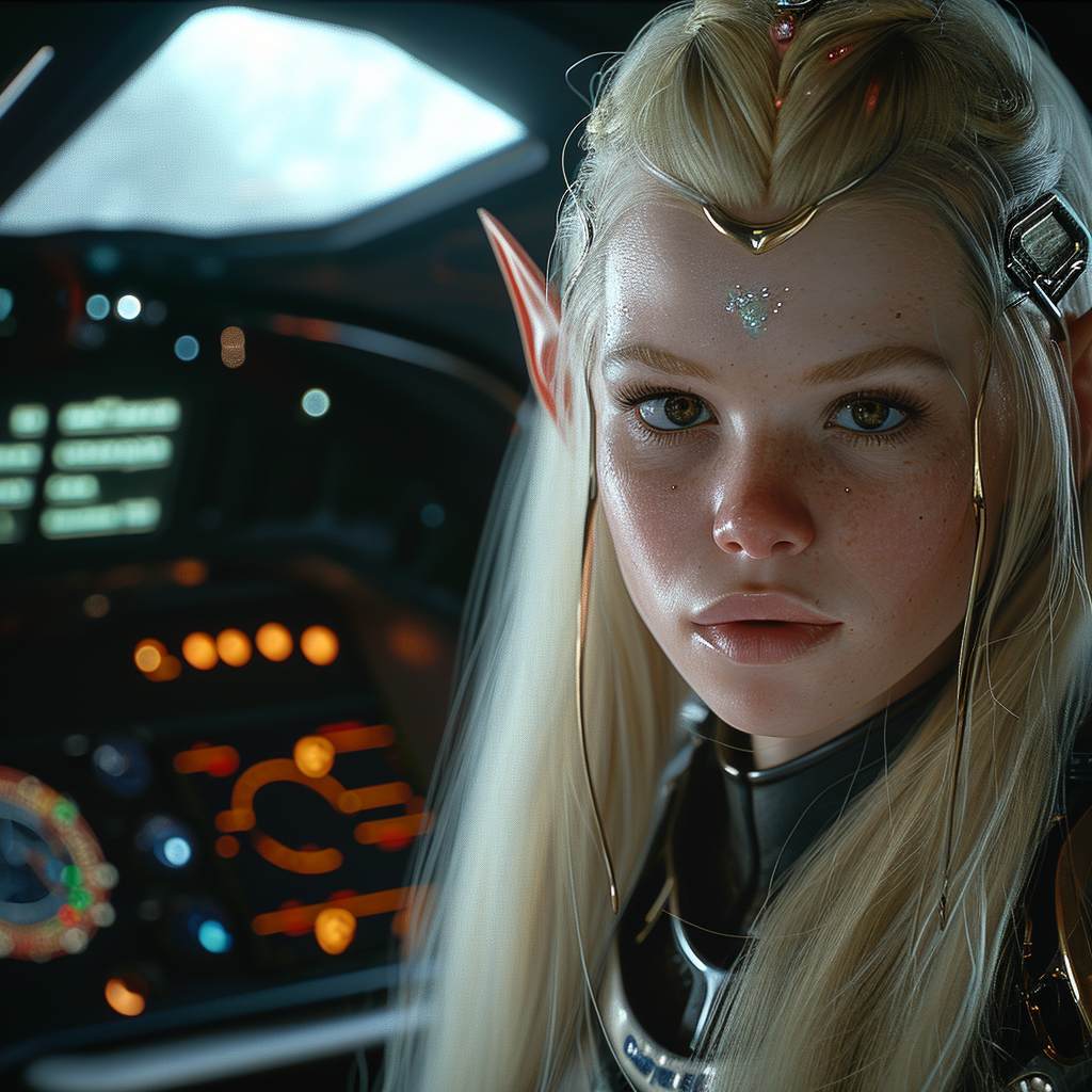 Blonde hair female elf spaceship pilot