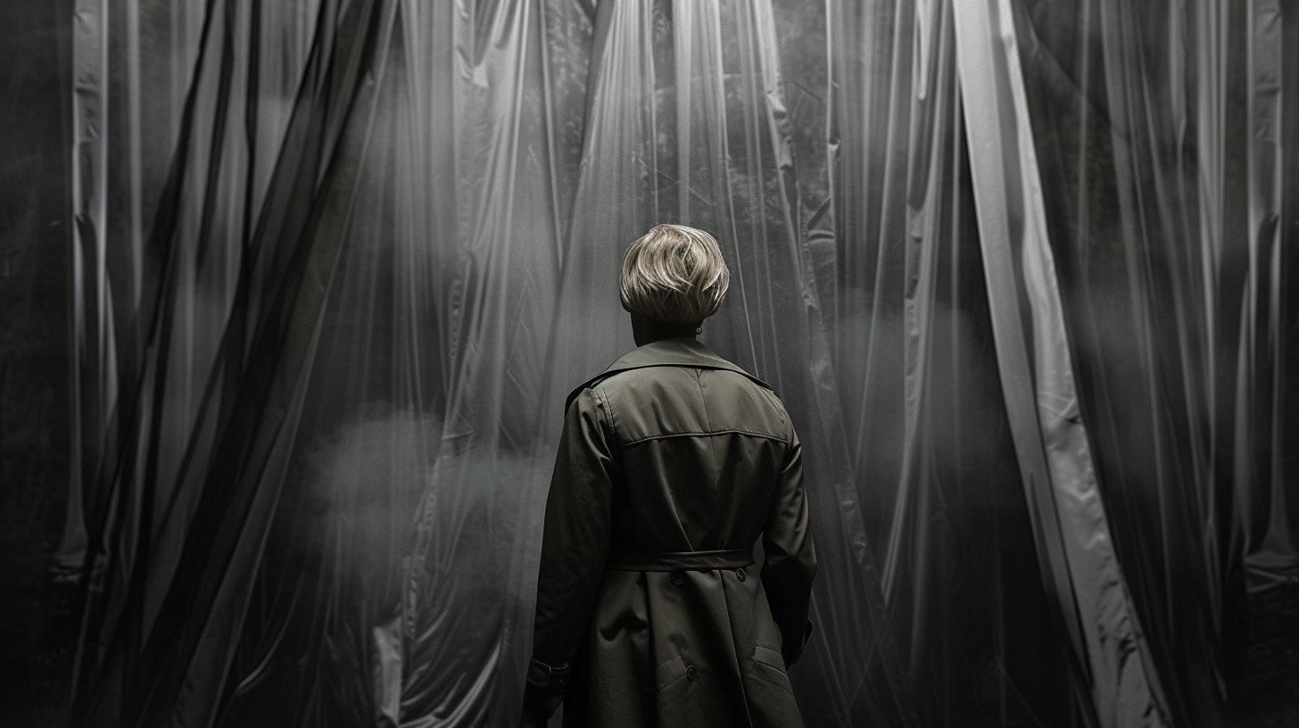 Woman in Trenchcoat Walking Through Flowy Curtains