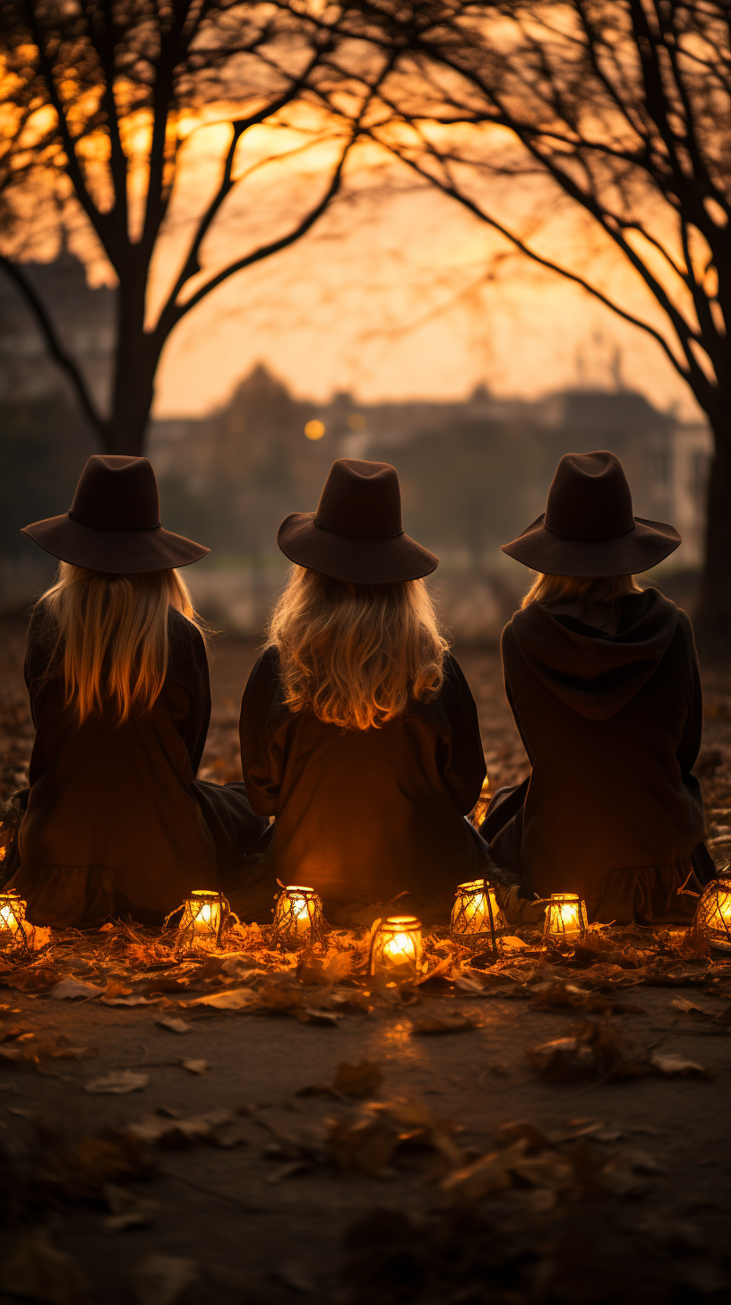 Group of young witches in a circle around a tree