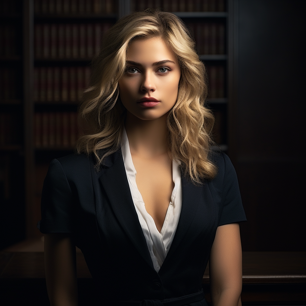 Young woman with blonde hair dressed as a lawyer