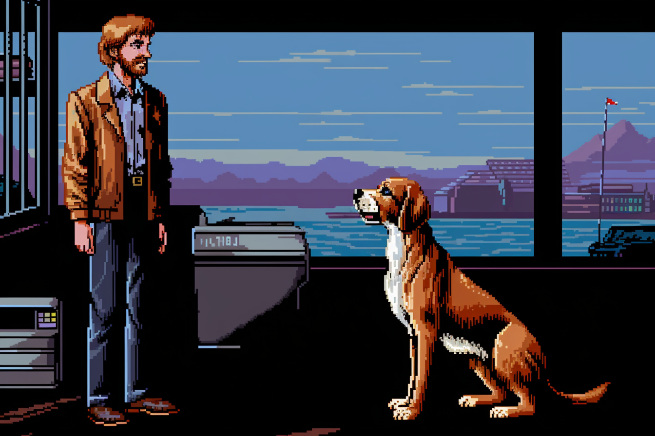 Blonde man with beagle in pixel art