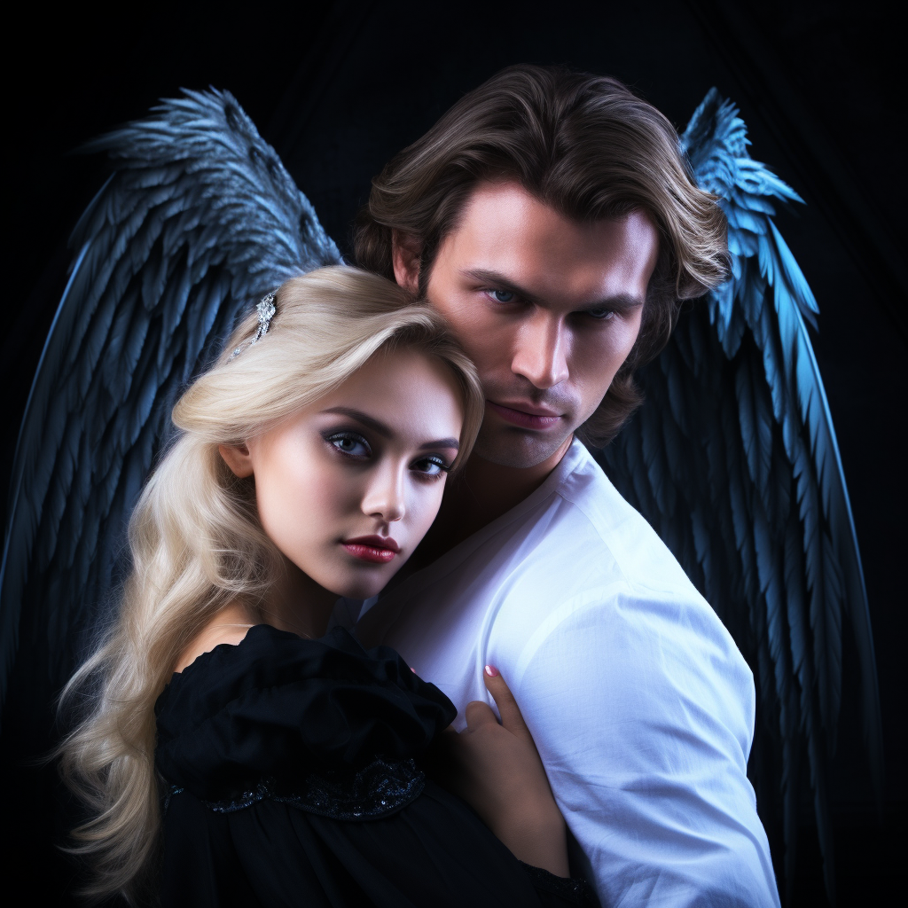 Blonde man embraces fantasy woman with wings